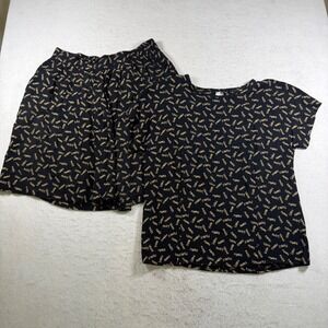 Vintage Paris France Rayon Gauze Two Piece Set Shorts Top Black Gold Size 12